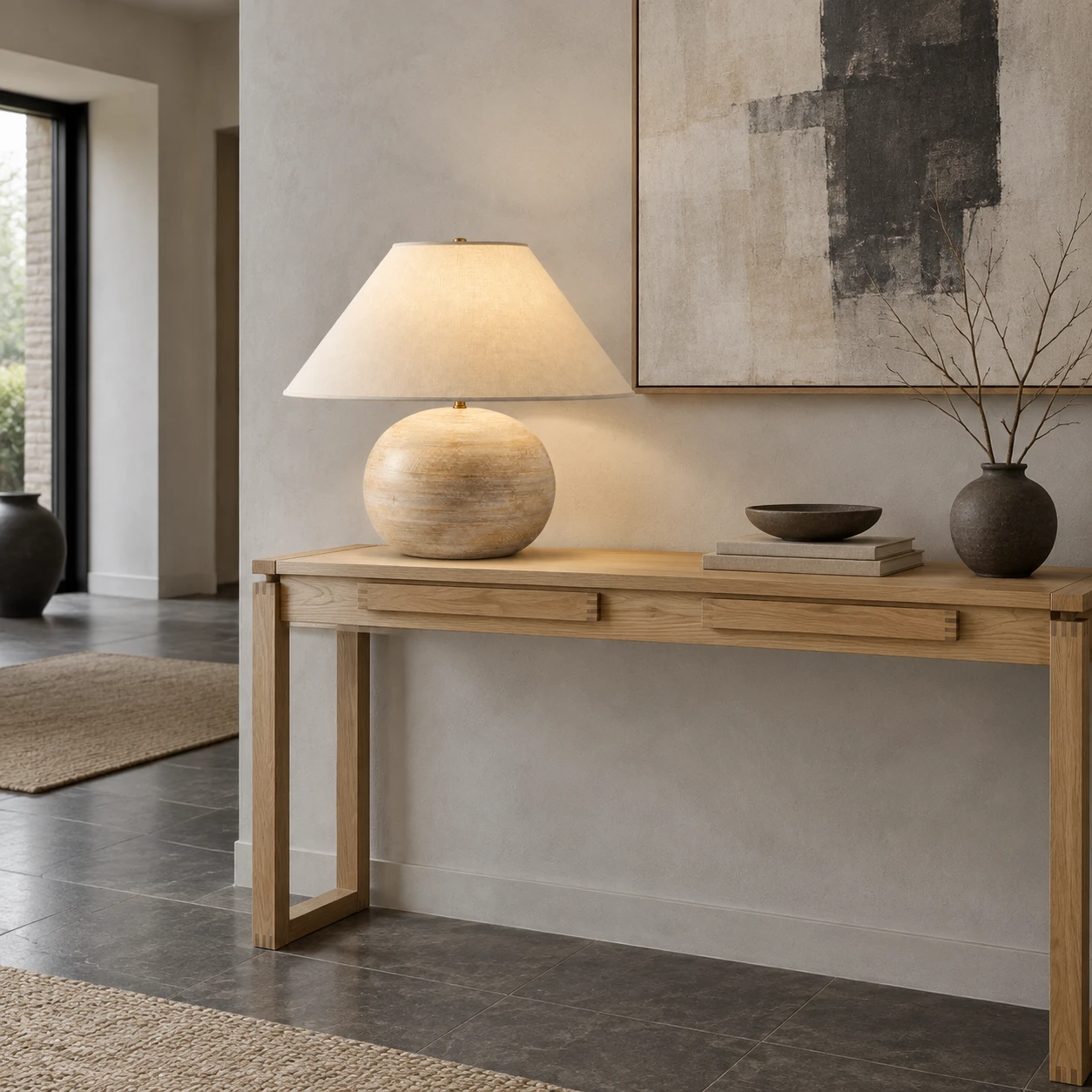 Consola de entrada con lámpara de mesa de madera envejecida