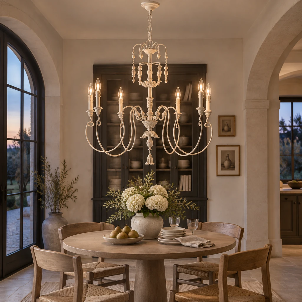 Lustre en bois sculpté dans un intérieur d'hôtellerie intime