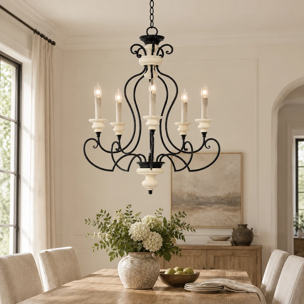 Lustre Aveline en fer forgé de style campagnard français au-dessus d'une table à manger