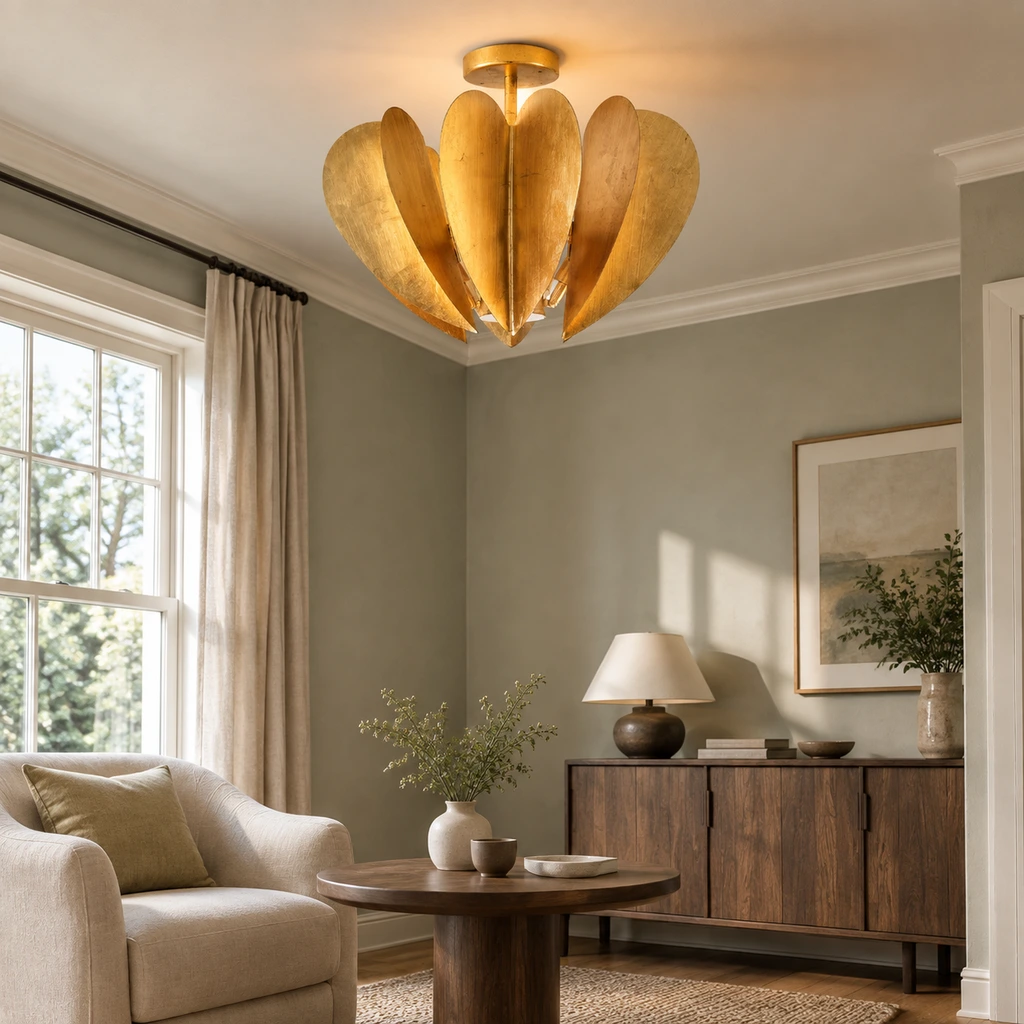 Plafonnier encastré vintage à feuille d'or installé dans un coin salon de chambre