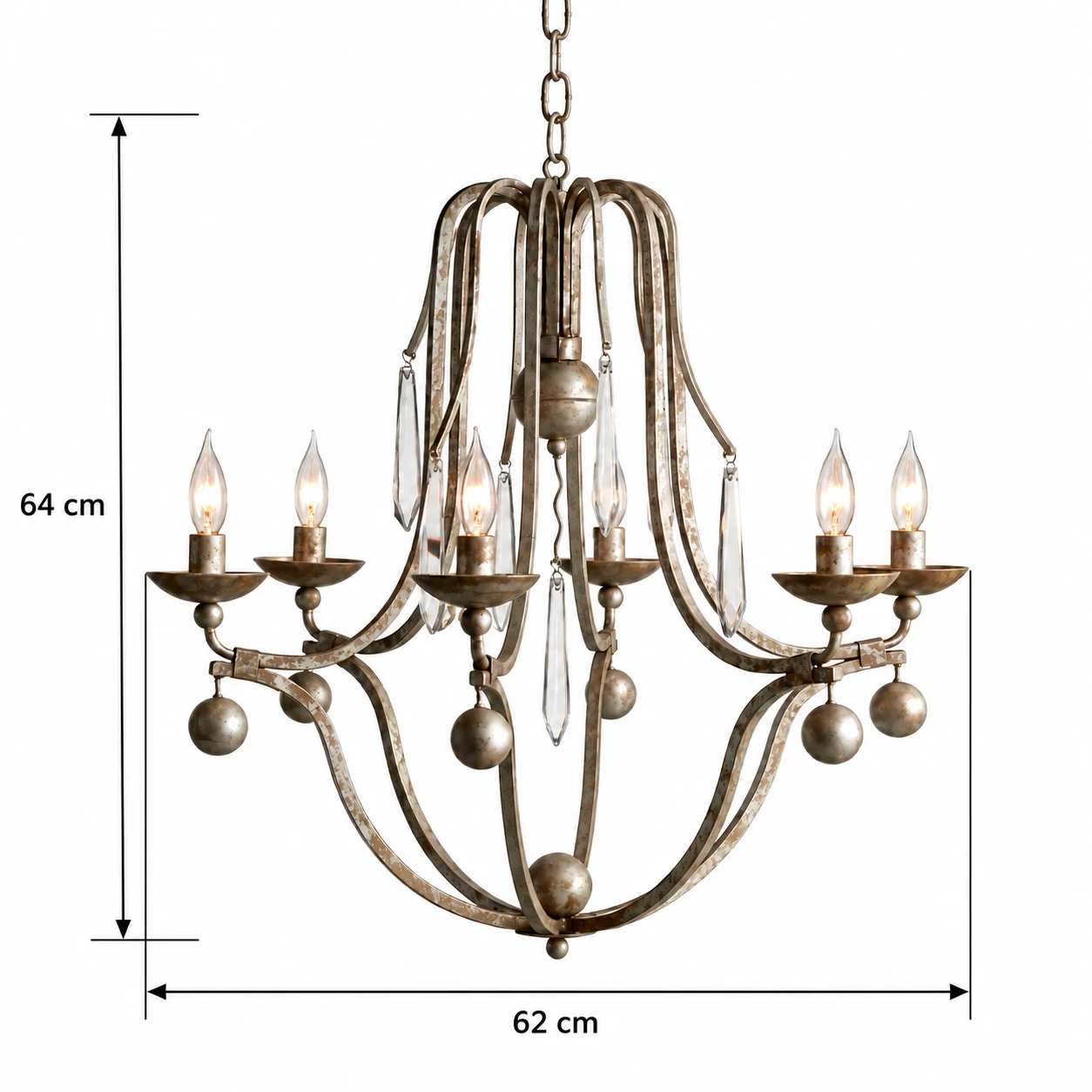 Dimensions du lustre à 6 lumières : diamètre de 62 cm et hauteur totale de 64 cm