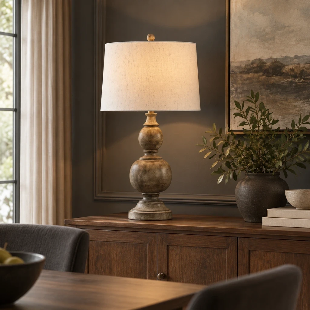 Lampe de table rustique en bois vieilli sur un buffet de salle à manger