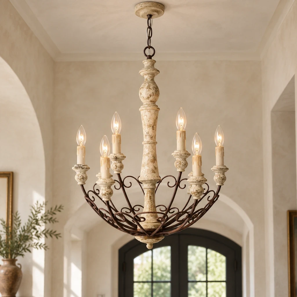 Lustre rustique à six bras en bois sculpté, illuminé dans une entrée en plâtre aux tons chauds.