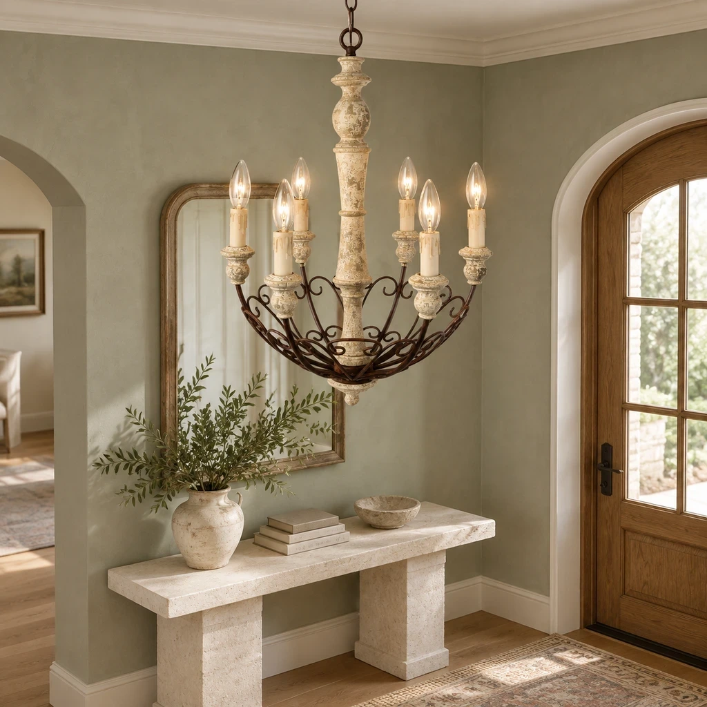 Lustre rustique à six bras en bois sculpté au-dessus d'une console en calcaire clair