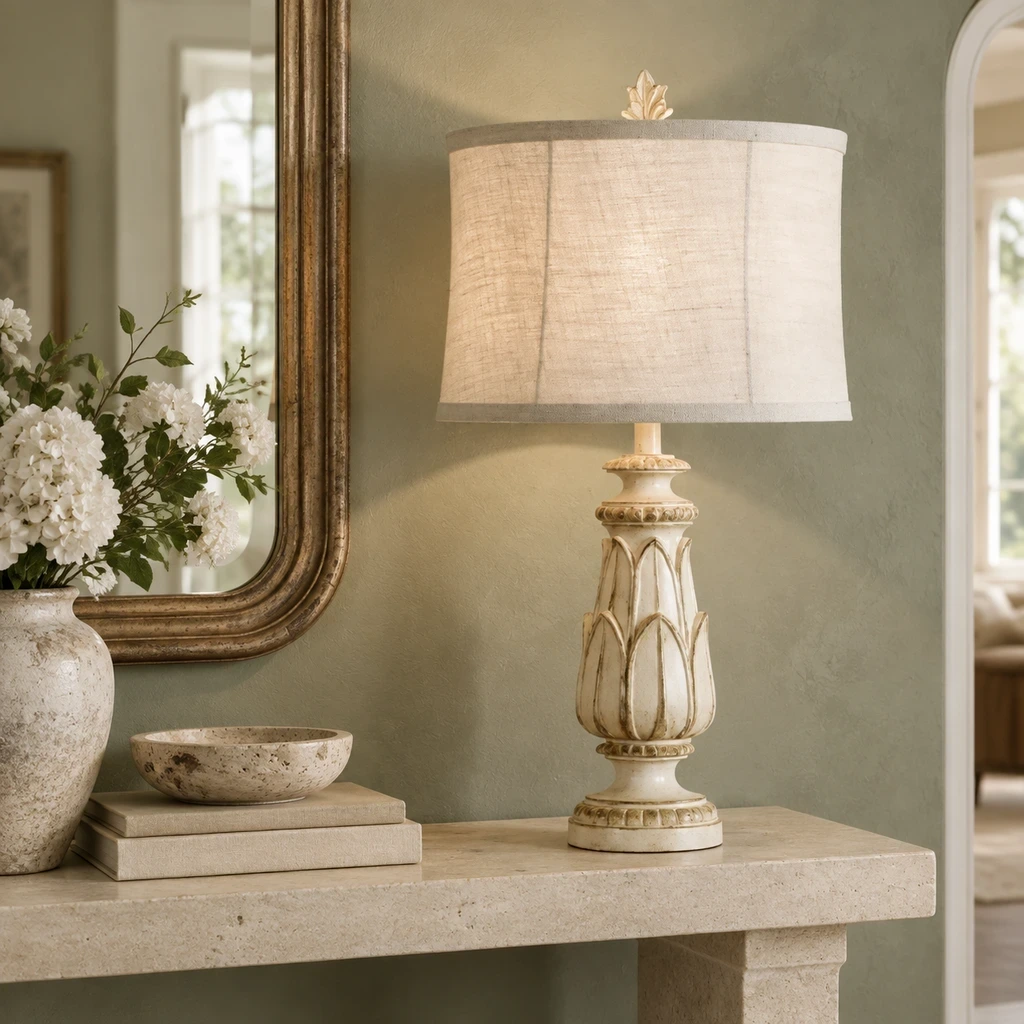 Lampe de table rustique en lin sculpté à motifs floraux au-dessus d'une console en calcaire clair