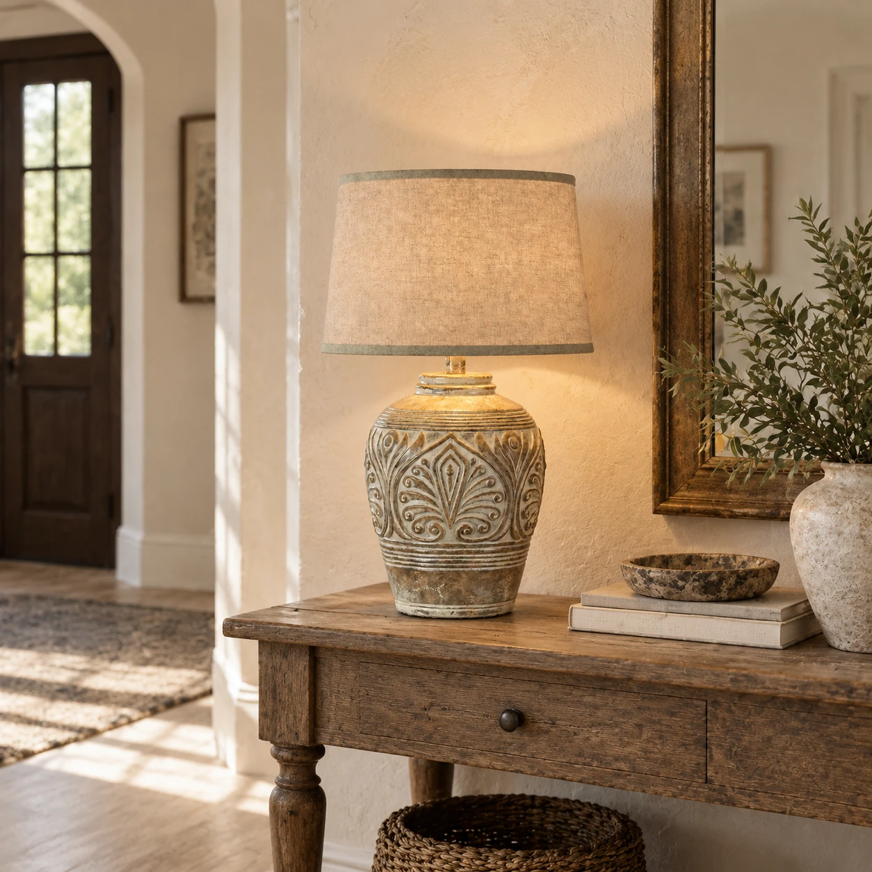 Lampe de table Elena Vintage en bois sculpté dans un hall d'entrée étroit avec un mur en plâtre et une console ancienne
