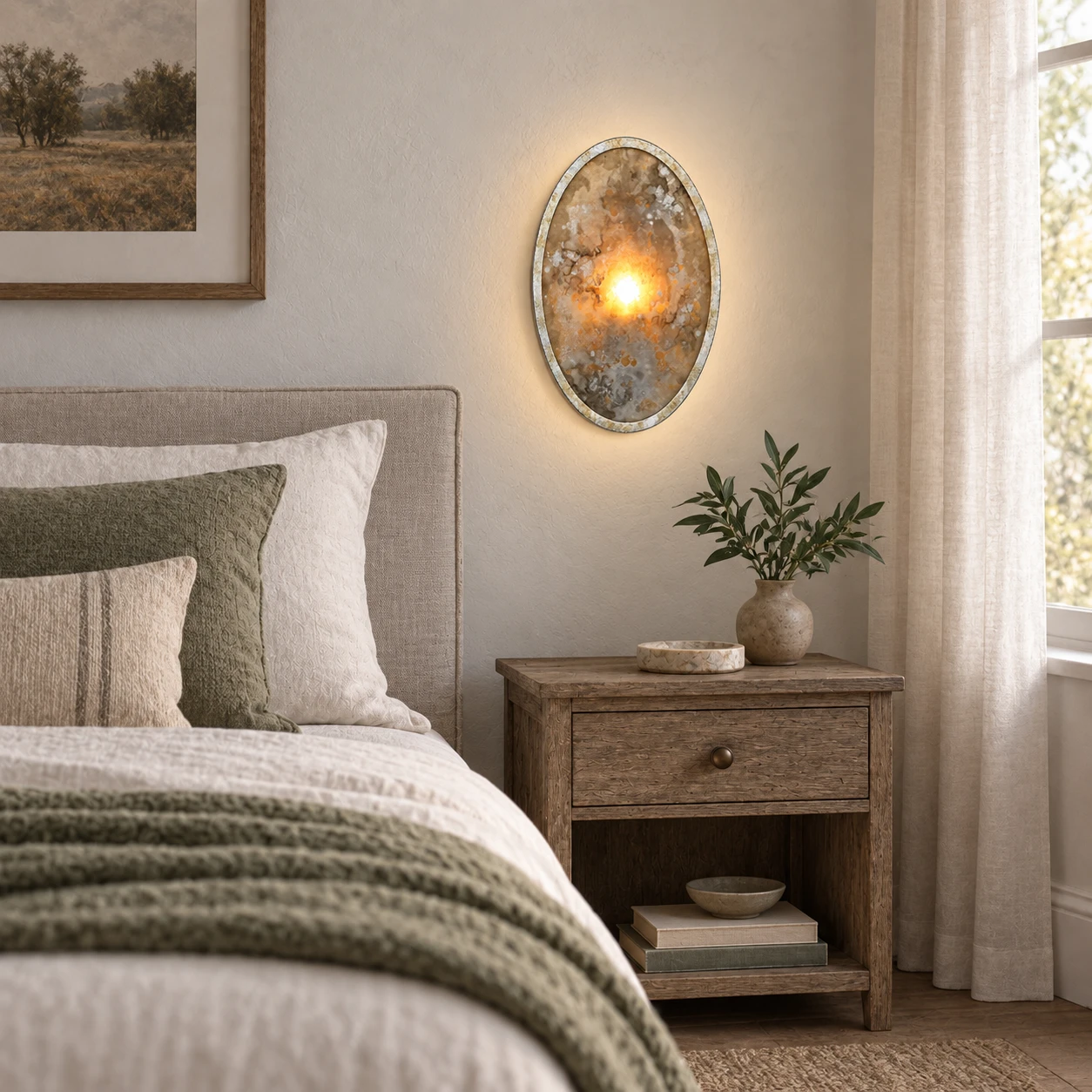 Applique Clara dans une chambre avec chevet en chêne et lumière du matin