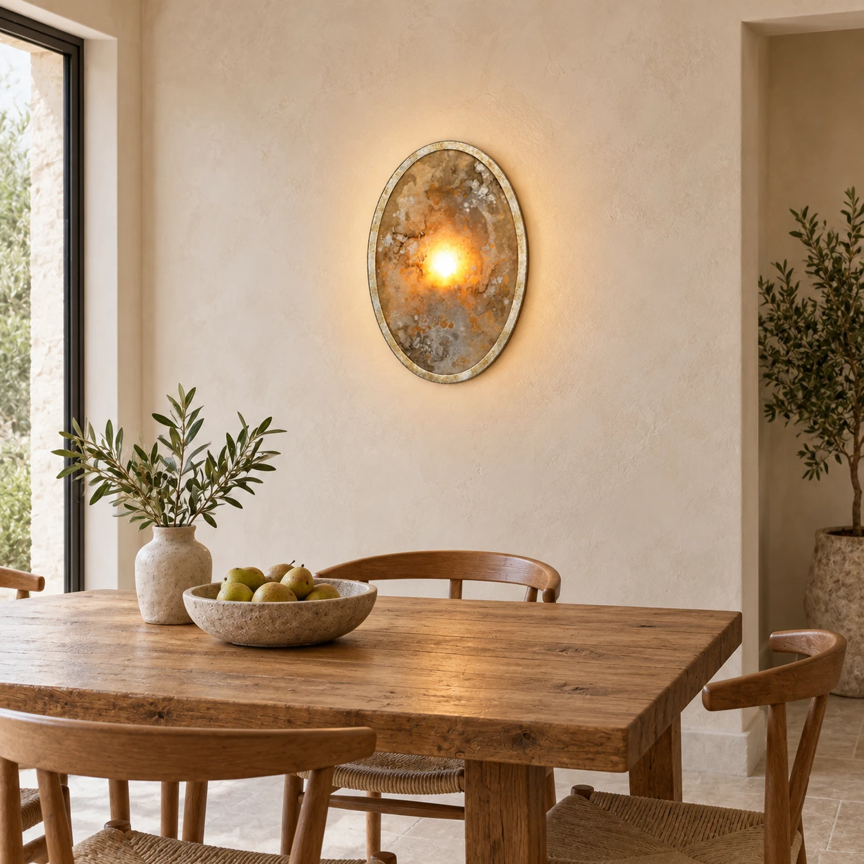 Applique Clara dans une salle à manger, au-dessus d’une table en bois