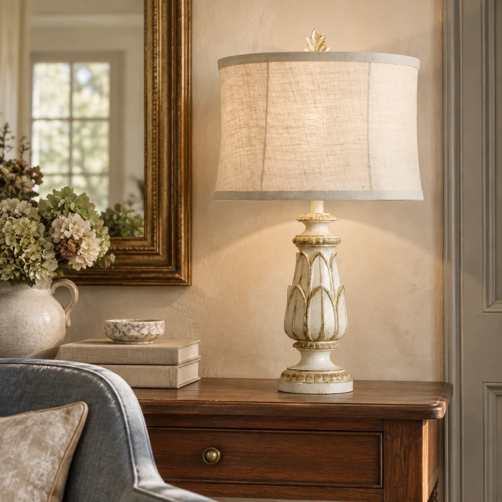 Lampe de table rustique en lin sculpté à motifs floraux au-dessus d'une console en noyer chaleureux