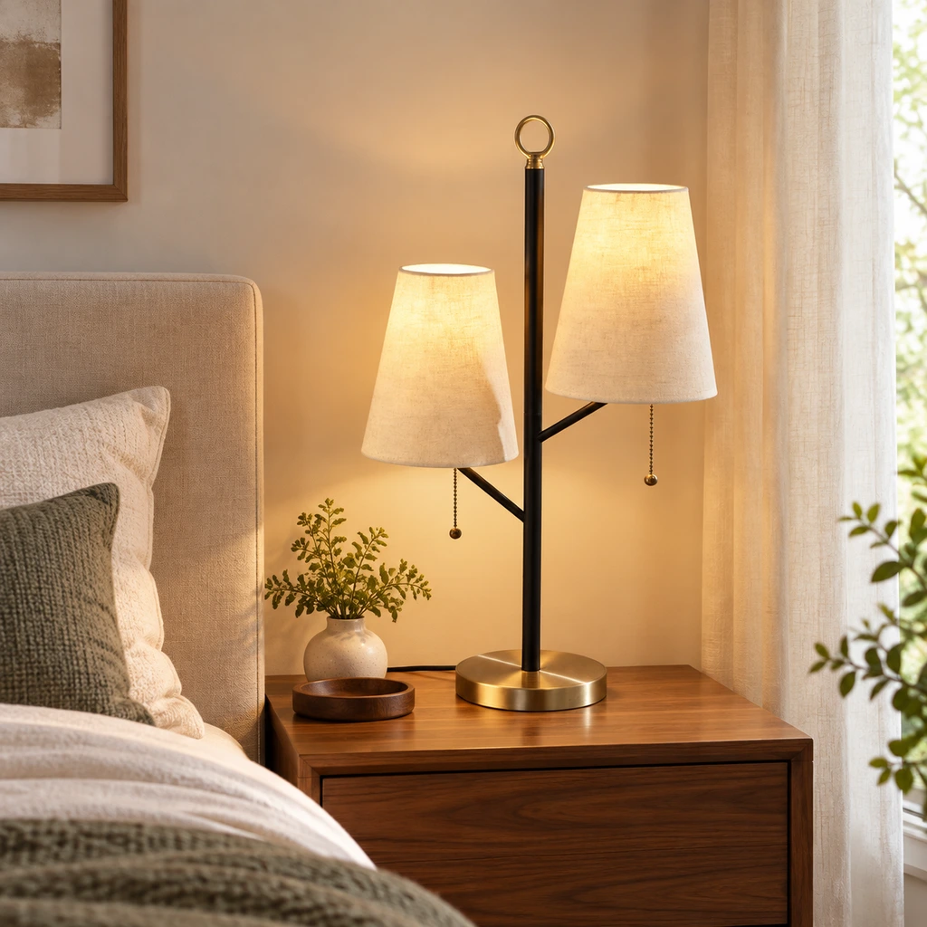 Lámpara de mesa de doble pantalla iluminando junto a una cama.