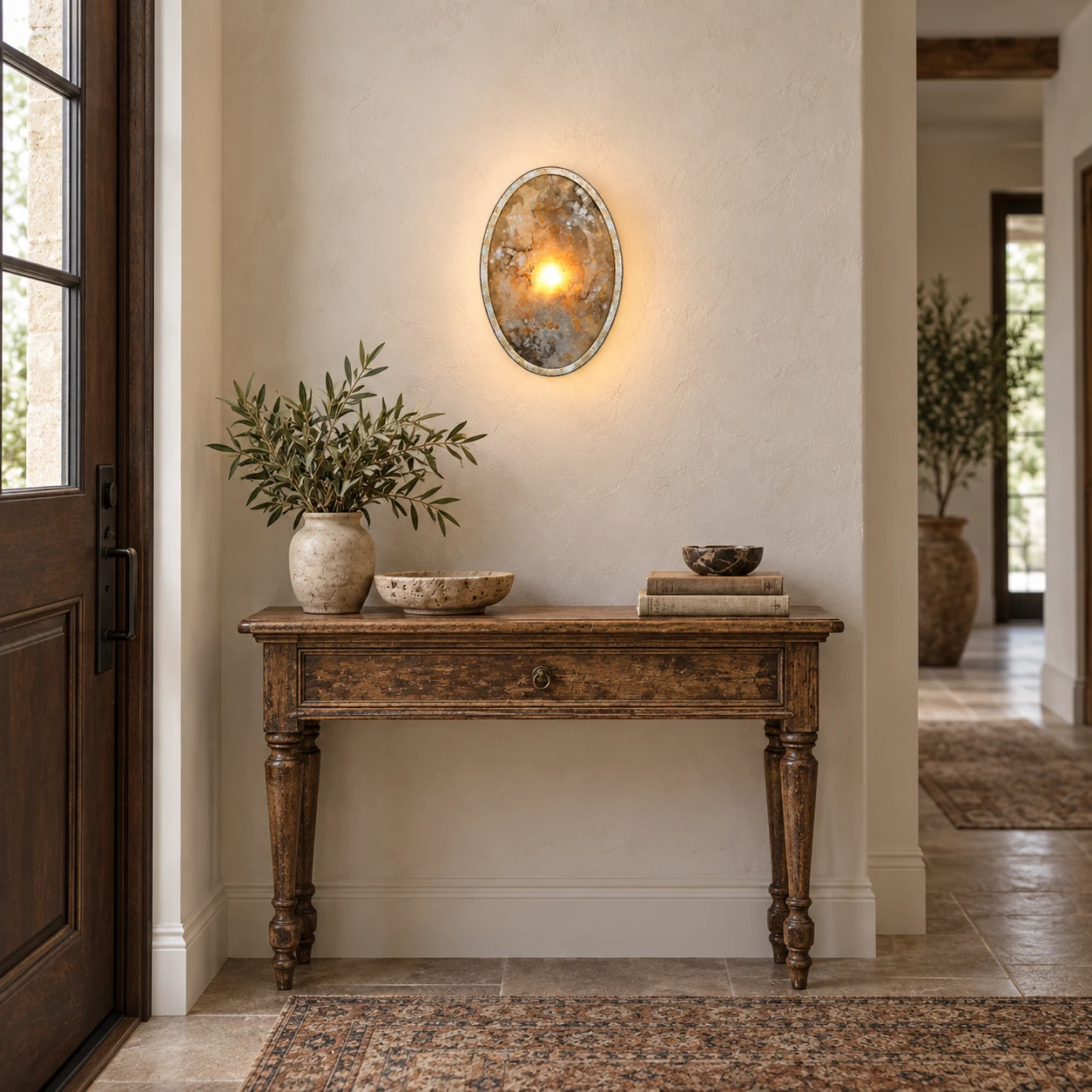 Applique Clara dans une entrée étroite avec console ancienne