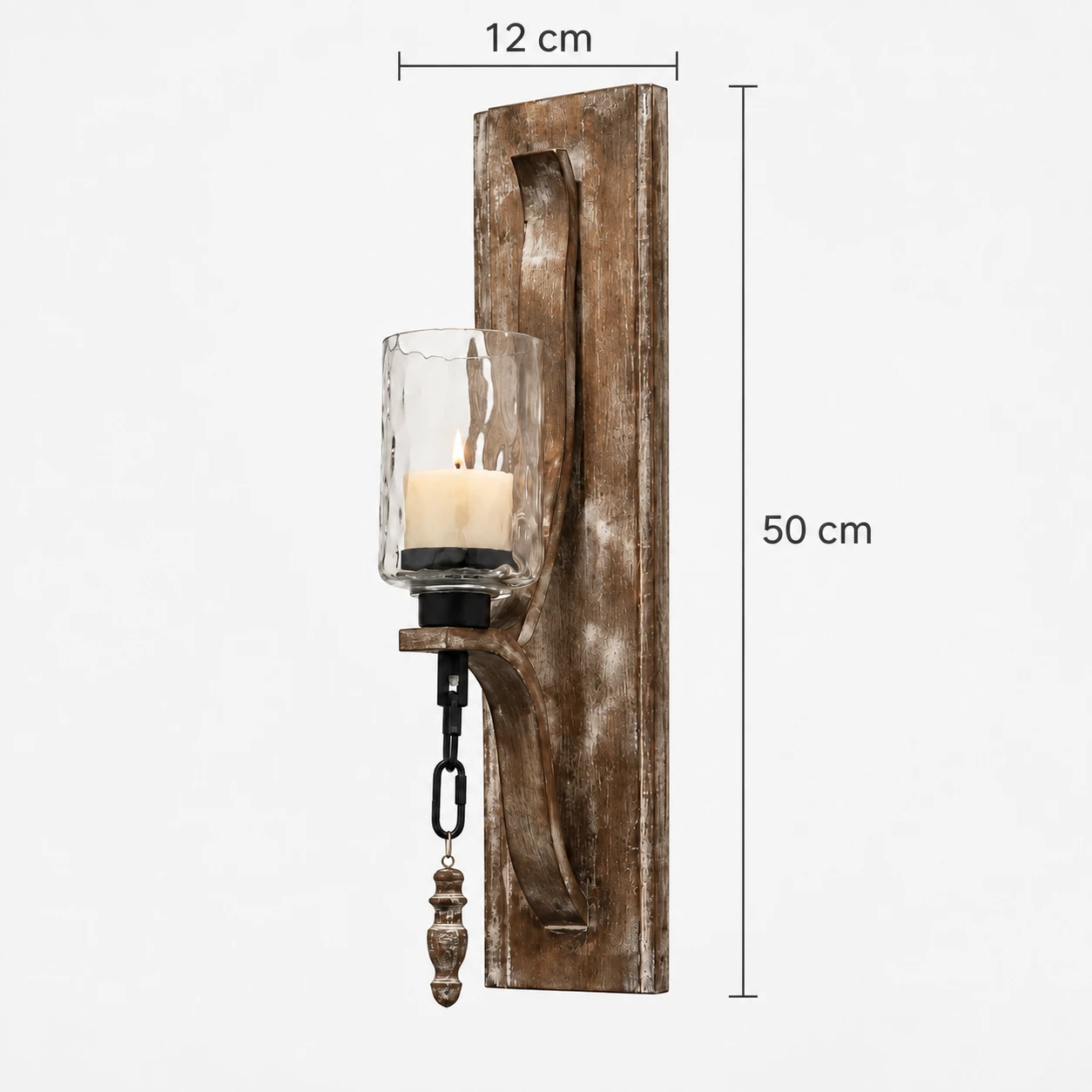 Portavelas verificado, ancho frontal 12 cm y altura 50 cm.