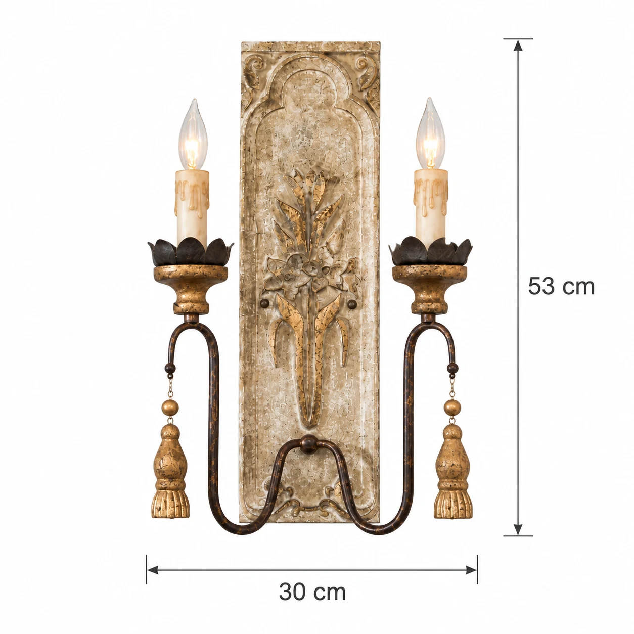 Dimensions de l'applique murale double Camille : 30 cm de large et 53 cm de haut