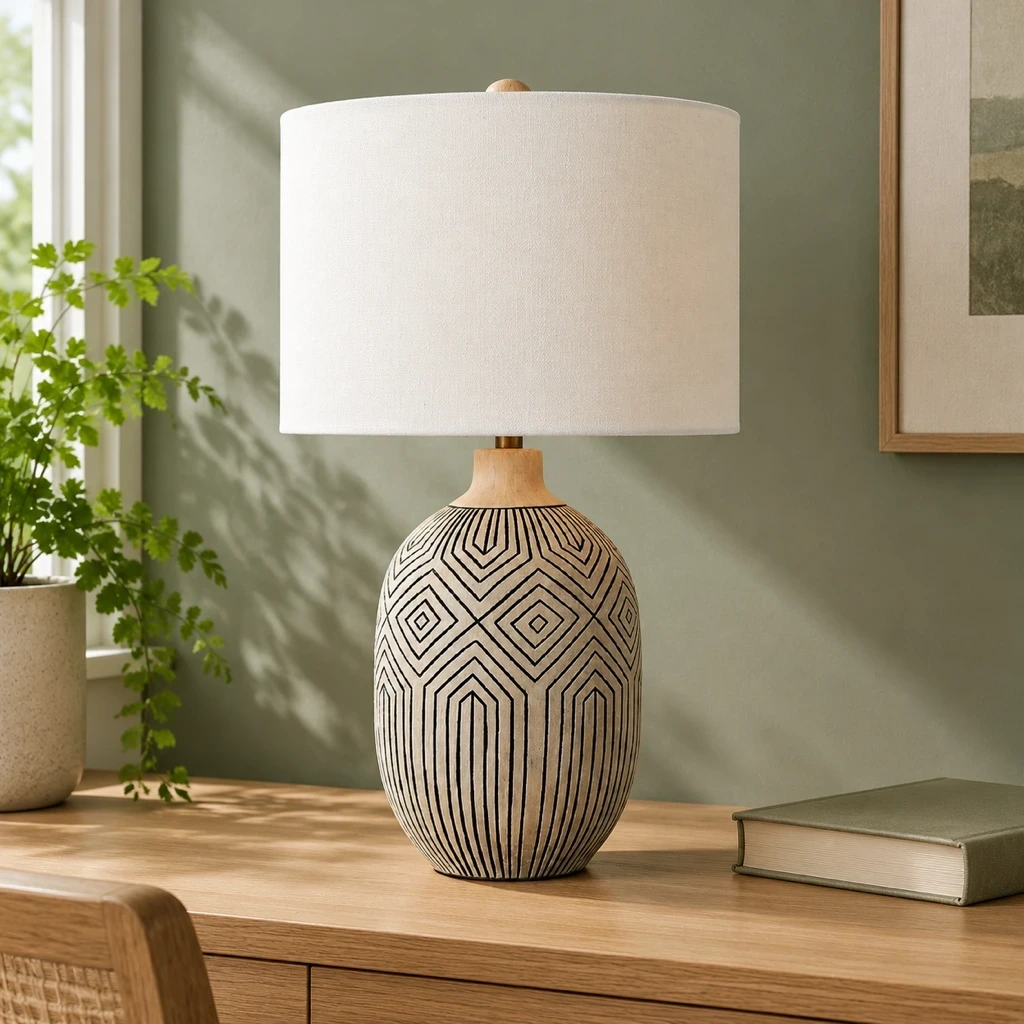 Lampe de table Merritt sur un bureau en chêne clair