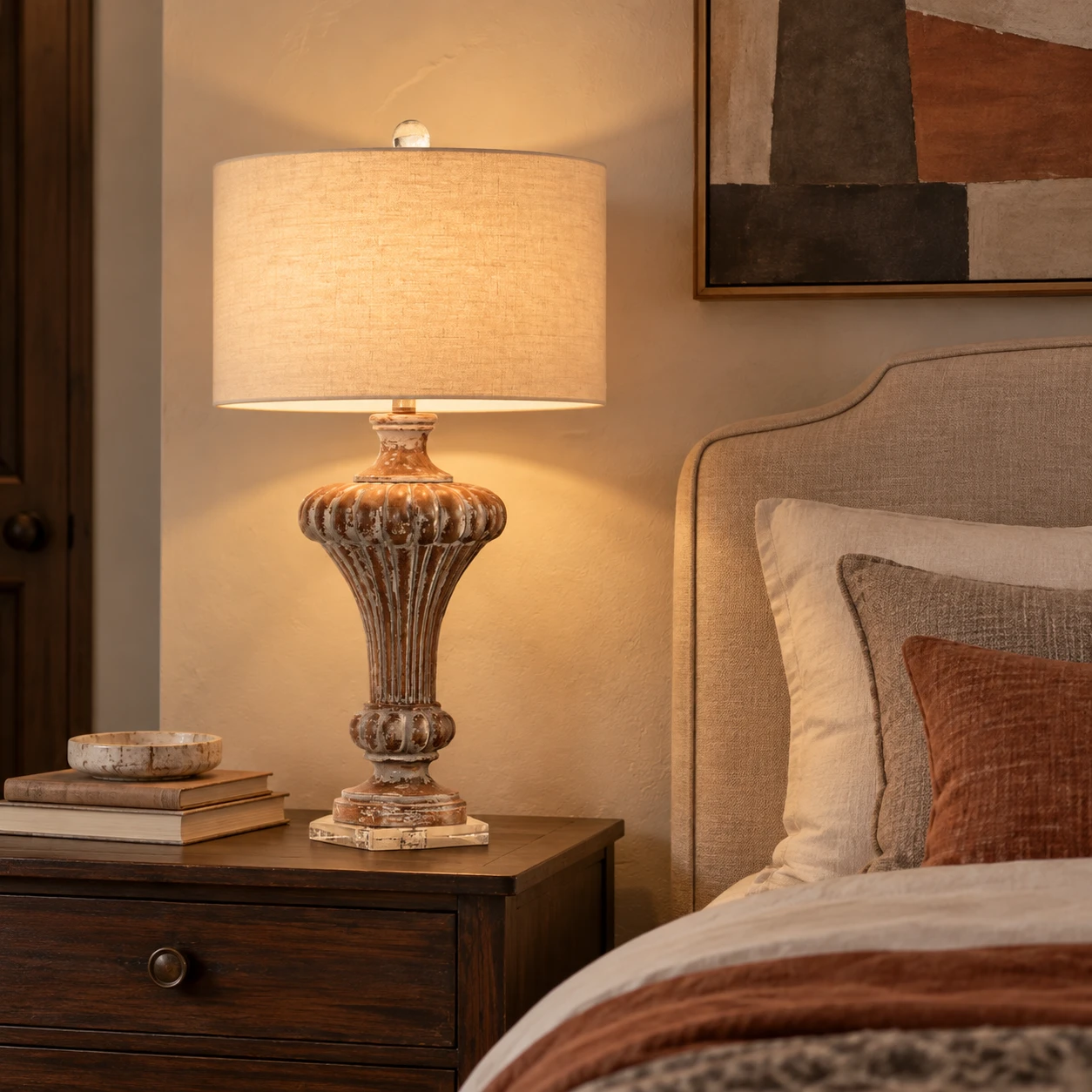 Aurelia vintage wood table lamp on a warm bedroom nightstand