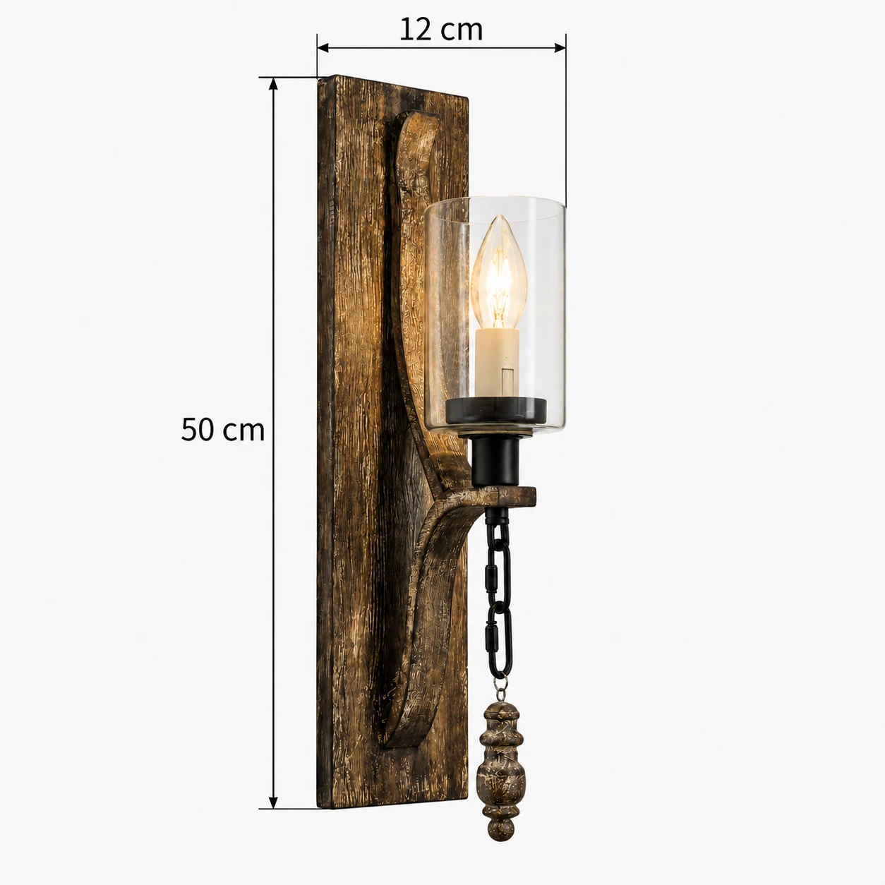 Aplique de pared verificado, ancho frontal 12 cm y altura 50 cm.