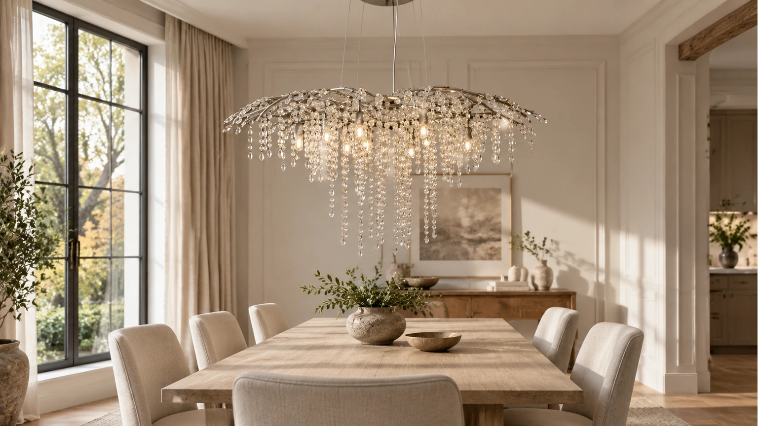 Lámpara de araña de cristal Arden sobre una mesa de comedor de roble en una luminosa habitación de estilo tradicional.