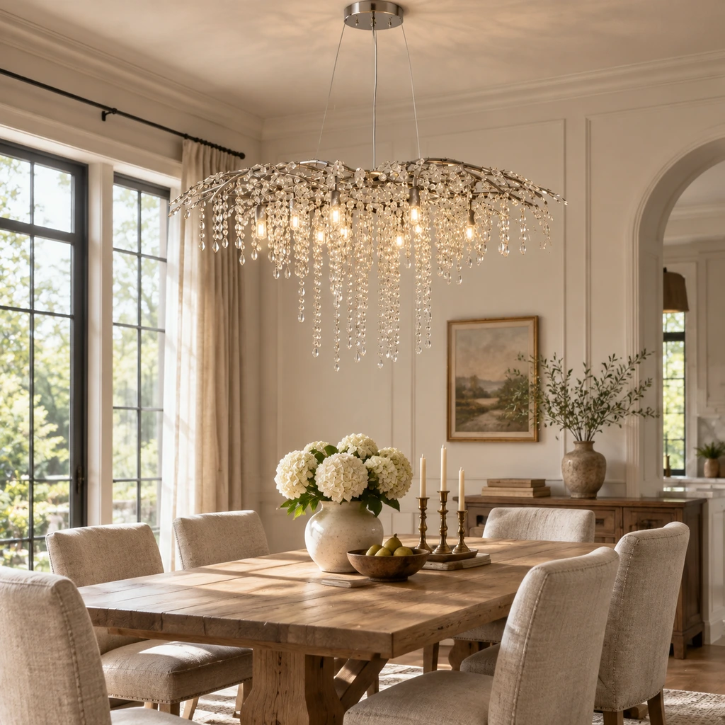 Lámpara de araña Arden de cristal con forma de rama instalada sobre una mesa de comedor de roble.