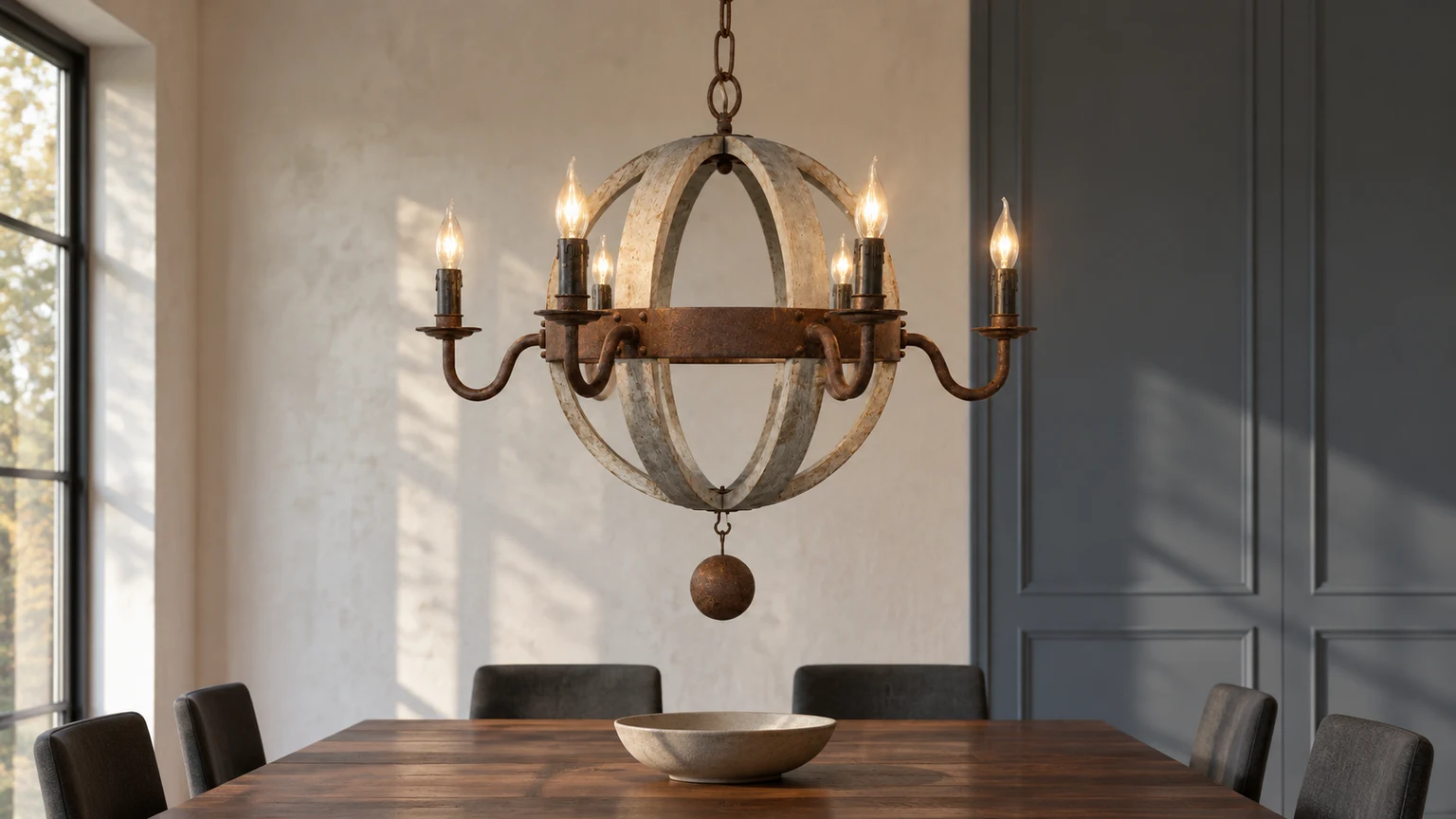 Lustre Elowen à six lumières au-dessus d’une table en noyer