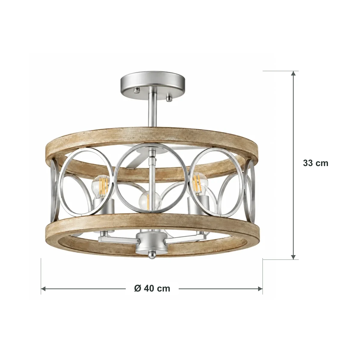 Diagrama de dimensiones de la lámpara de techo tipo farol rústico americano de madera: diámetro 40 cm y altura total 33 cm.