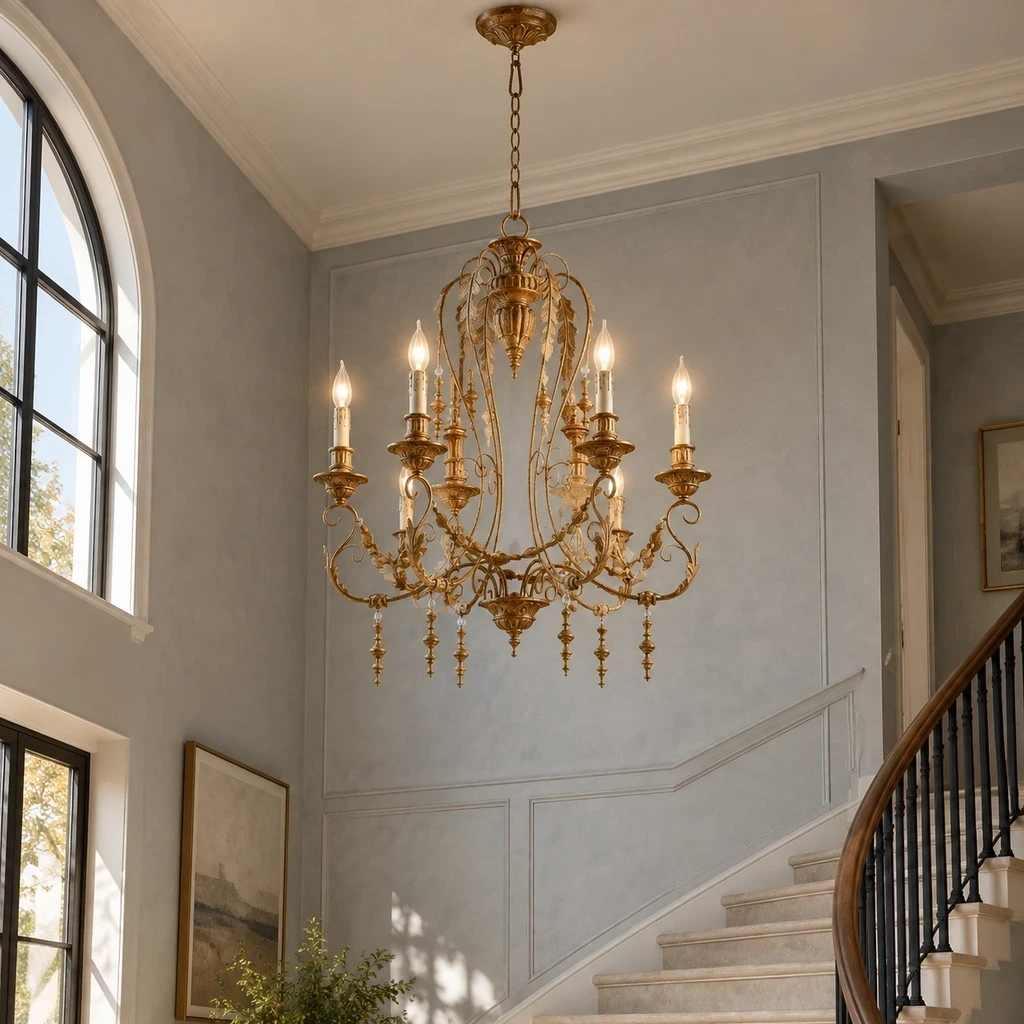 Lustre vintage Merritt en fer sculpté à six lumières dans un palier d'escalier bleu-gris
