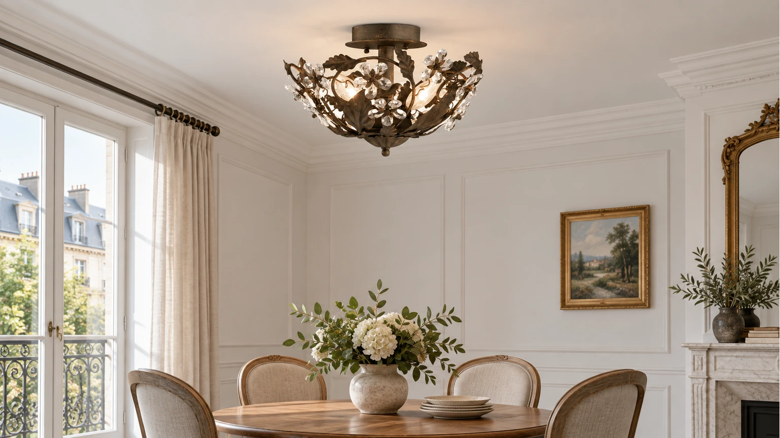 Luminaire suspendu en cristal à motif floral Elodie installé au-dessus d'une table à manger dans un intérieur vintage lumineux