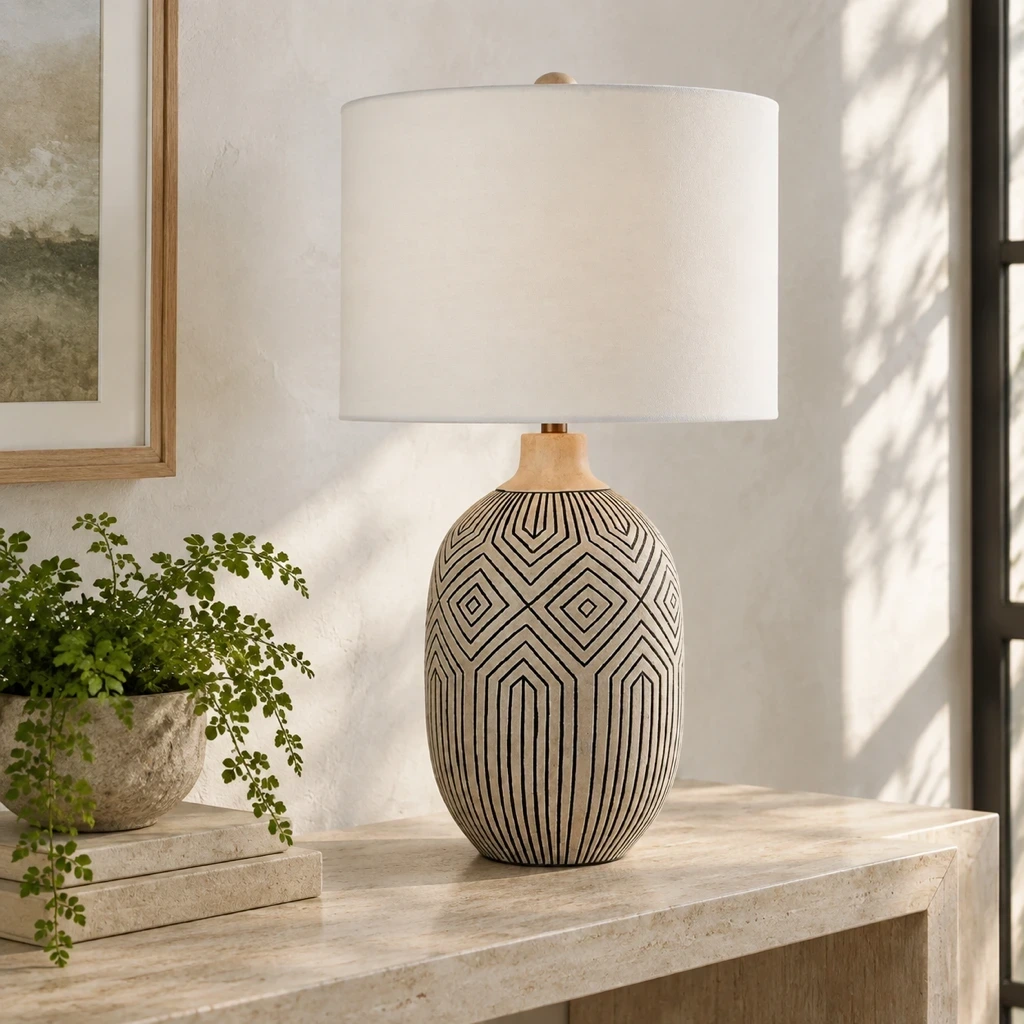 Lampe de table Merritt Bohemian en bois sculpté sur une console d'entrée en calcaire clair