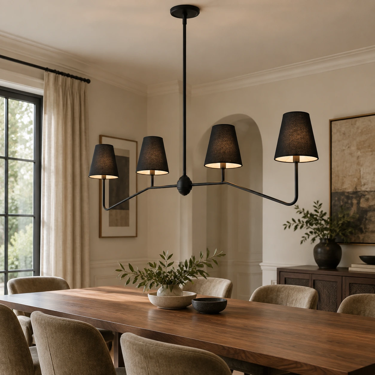 Lustre linéaire à abat-jour noir au-dessus d'une table à manger en noyer