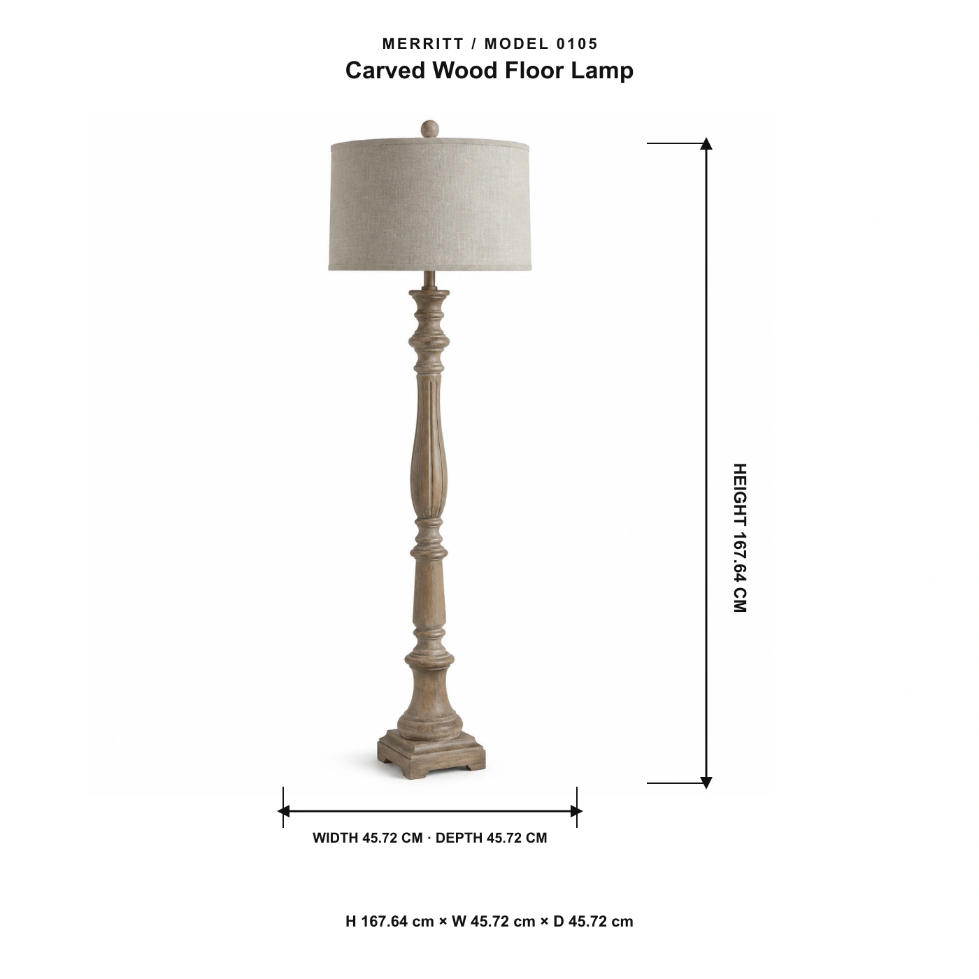 Dimensions du lampadaire Merritt en bois sculpté : hauteur 167,64 cm, largeur 45,72 cm, profondeur 45,72 cm