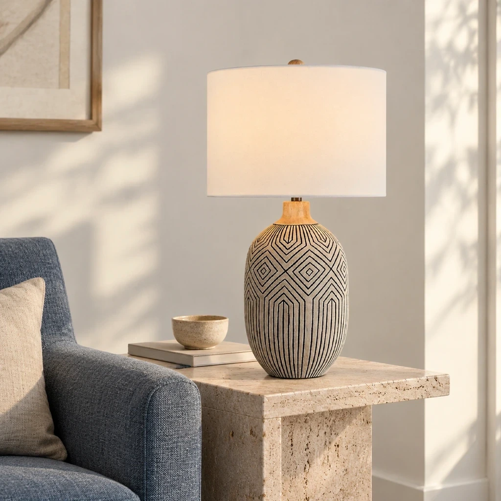 Lampe de table Merritt sur une tablette de lecture en travertin