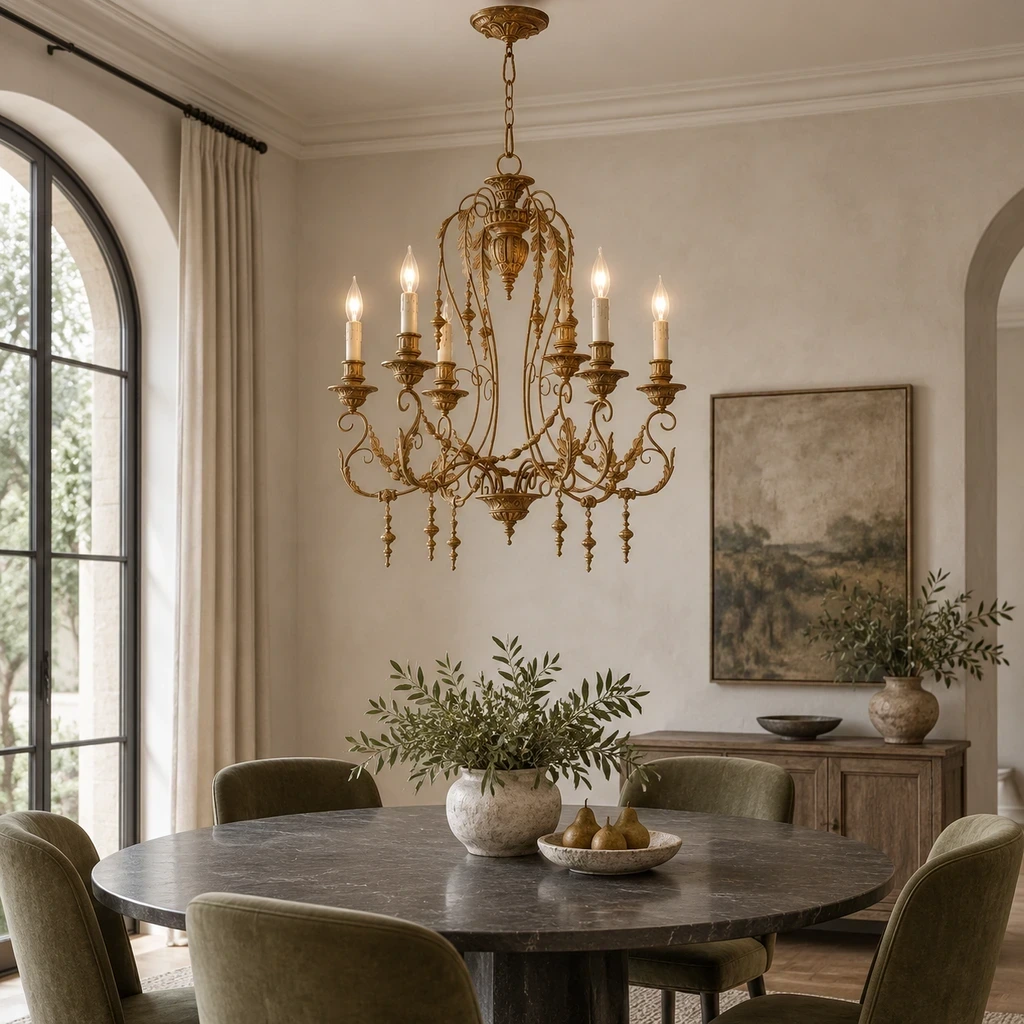 Lustre vintage Merritt en fer sculpté à six lumières au-dessus d'une table à manger en pierre anthracite