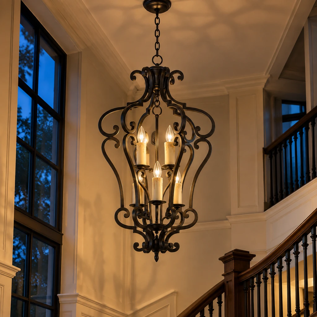 Lustre Harrow brillant dans un escalier à double hauteur la nuit