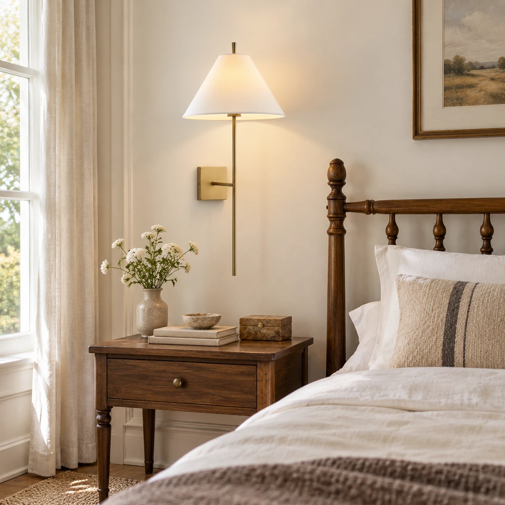 Marcel long-stem wall sconce installed above a walnut bedside table