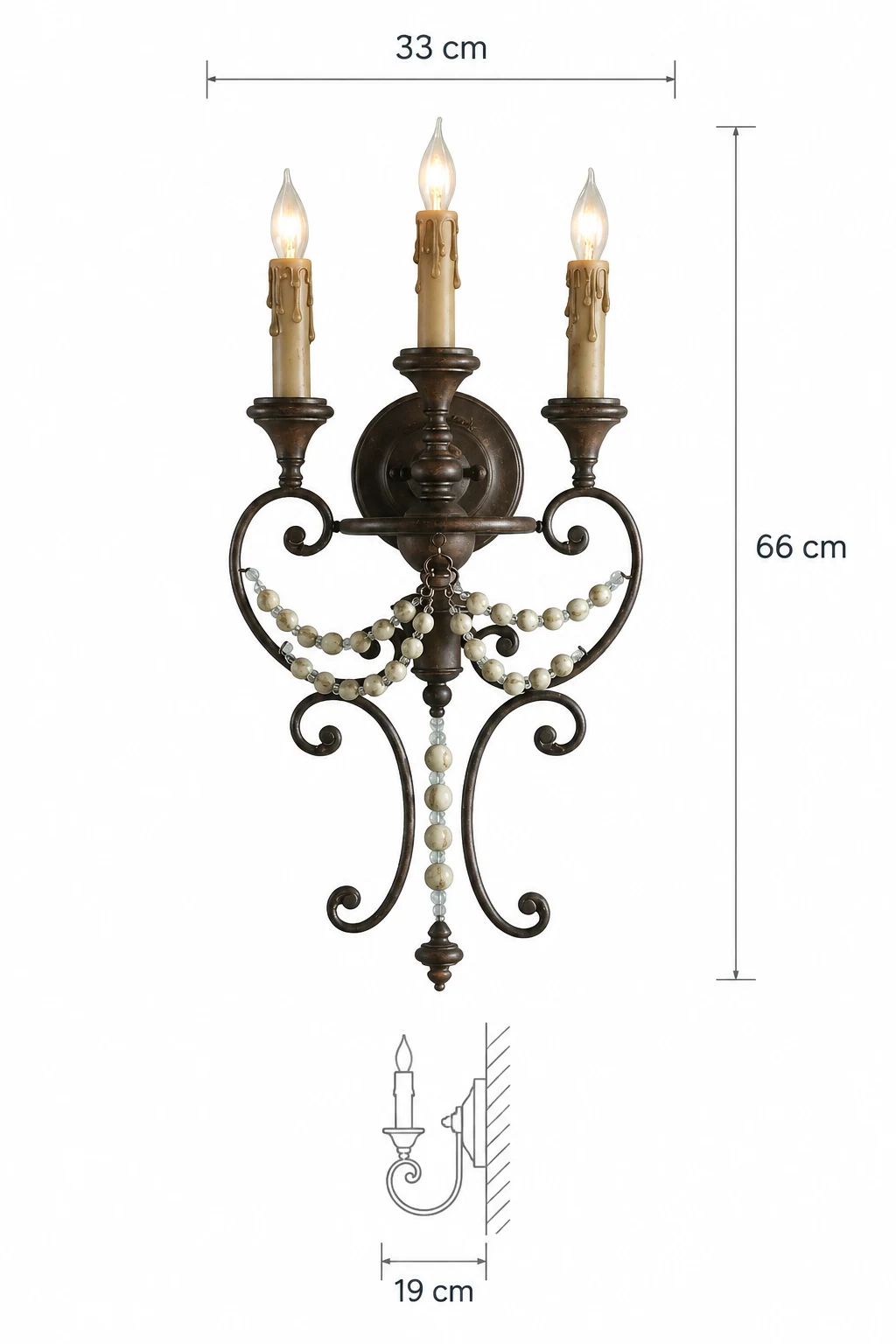 Schéma coté indiquant 33 cm de largeur, 66 cm de hauteur et 19 cm de saillie