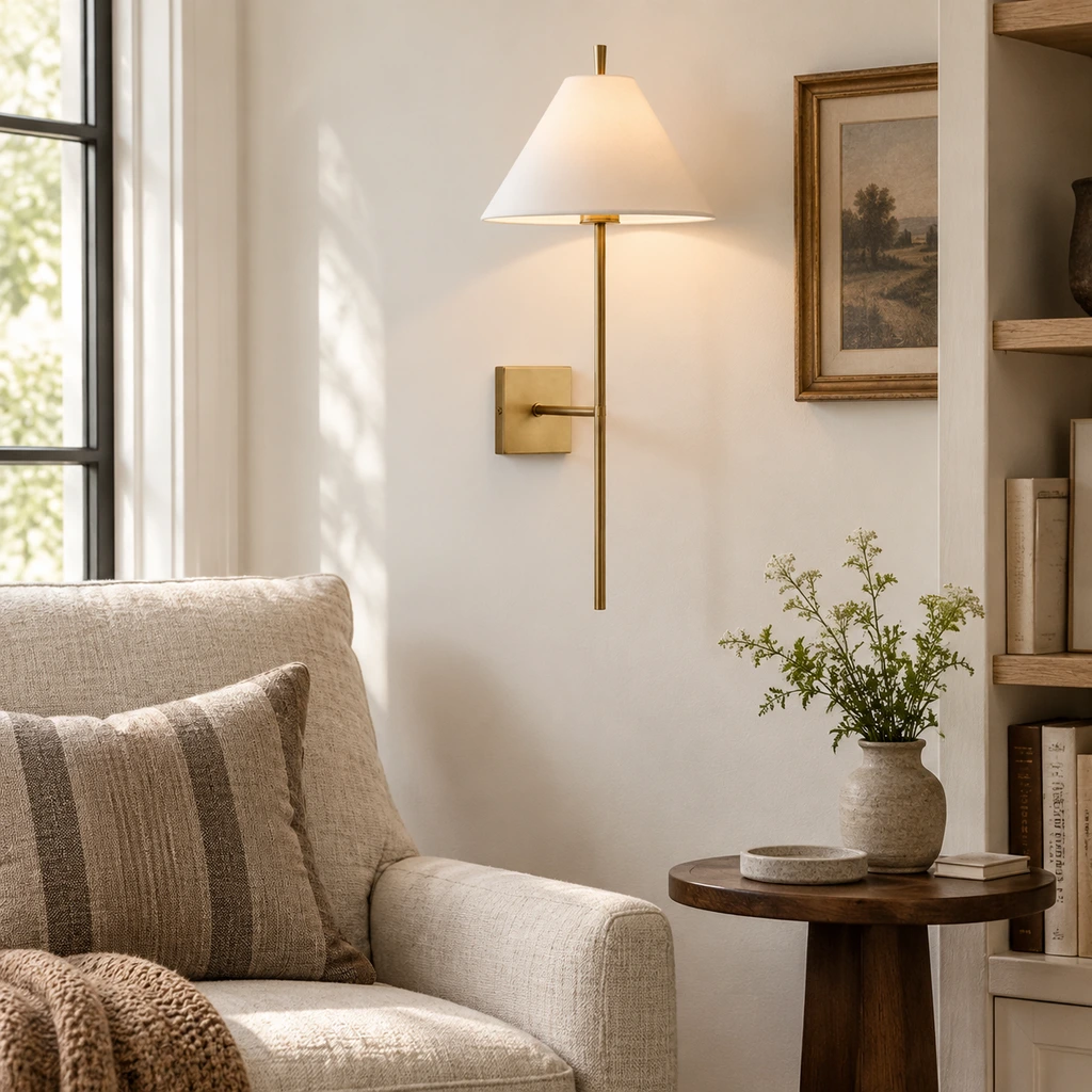 Antique brass Marcel wall sconce installed in a reading corner