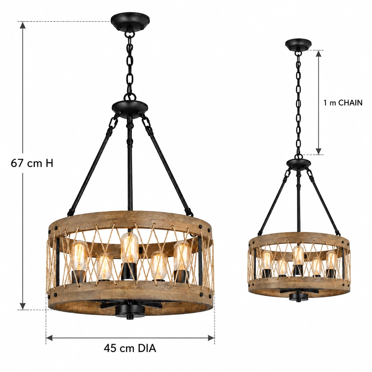Dimensions du lustre rustique en bois ramifié Maren