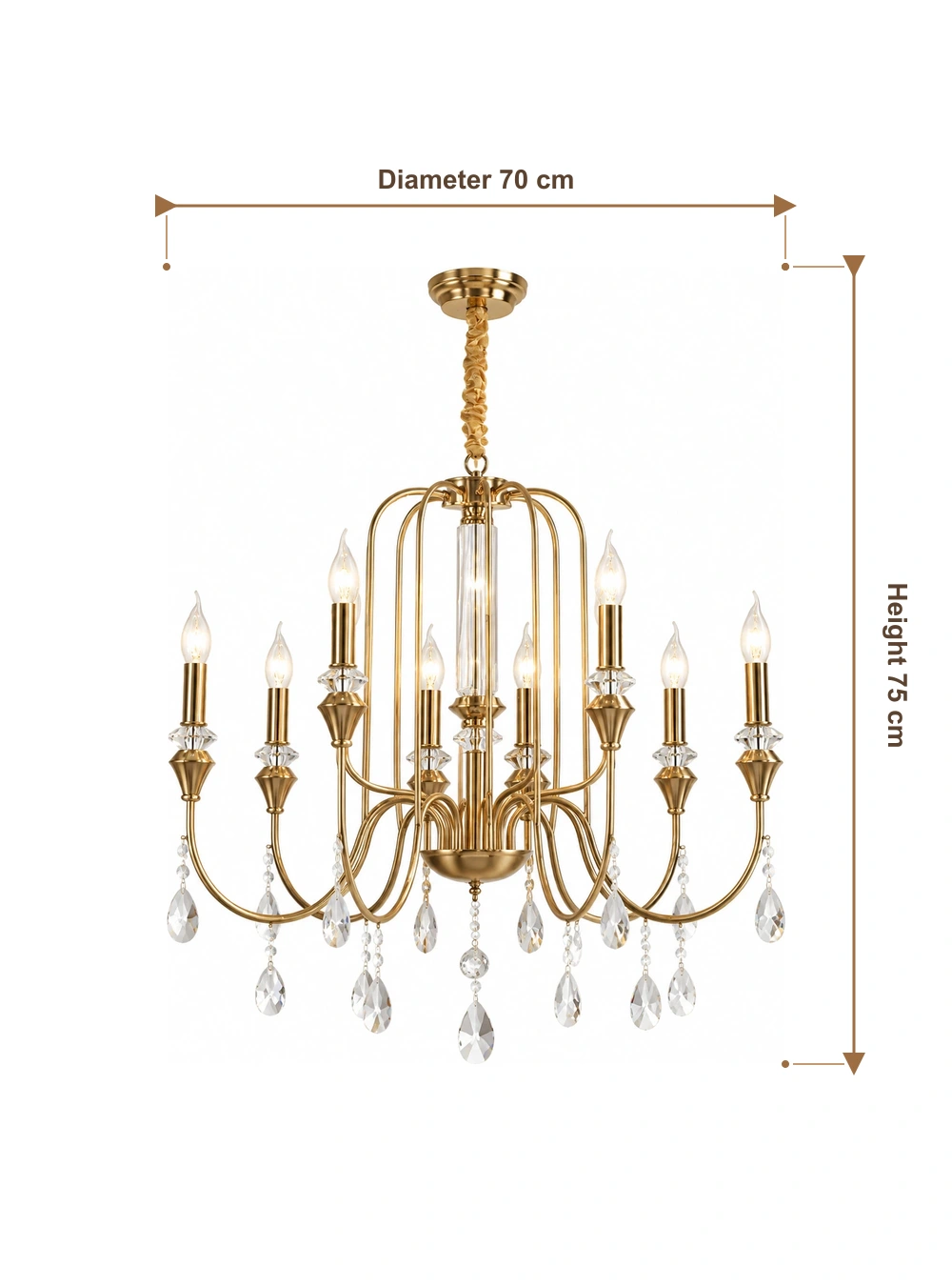 Dimensions du lustre à huit lumières : diamètre 70 cm, hauteur 75 cm