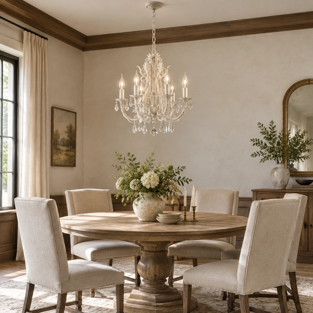 Lustre blanc à six lumières au-dessus d’une table à manger