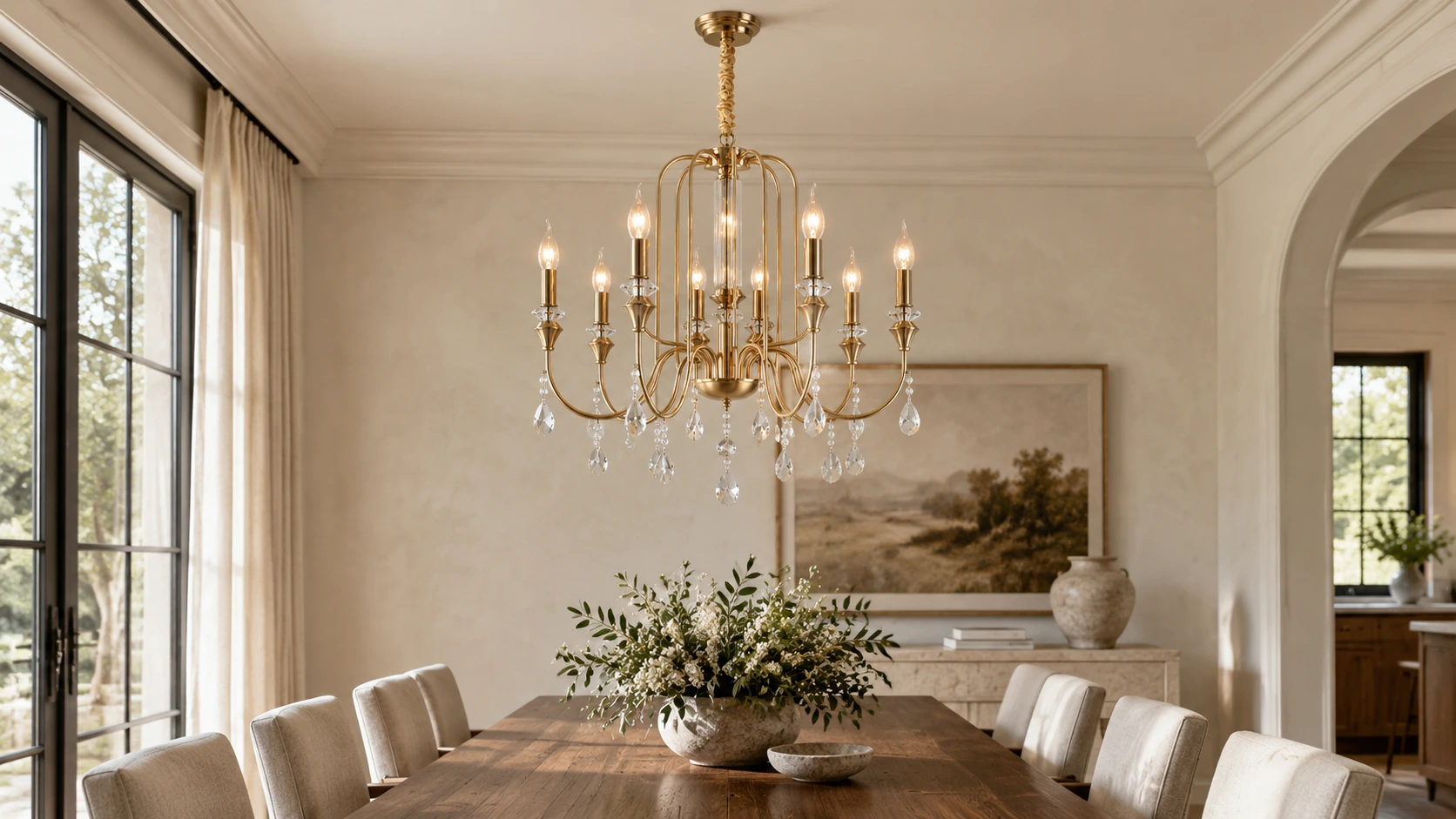 Lustre blanc à huit lumières au-dessus d’une table en noyer
