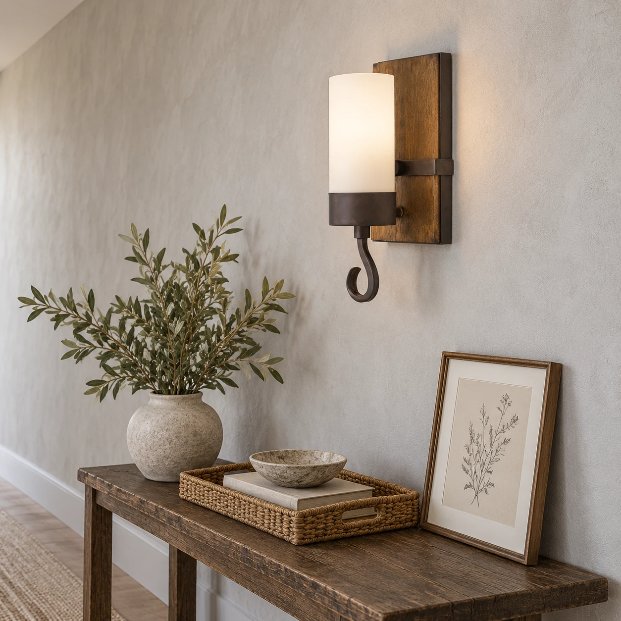 Applique murale en bois sculpté dans un couloir gris calme, au-dessus d'une console étroite
