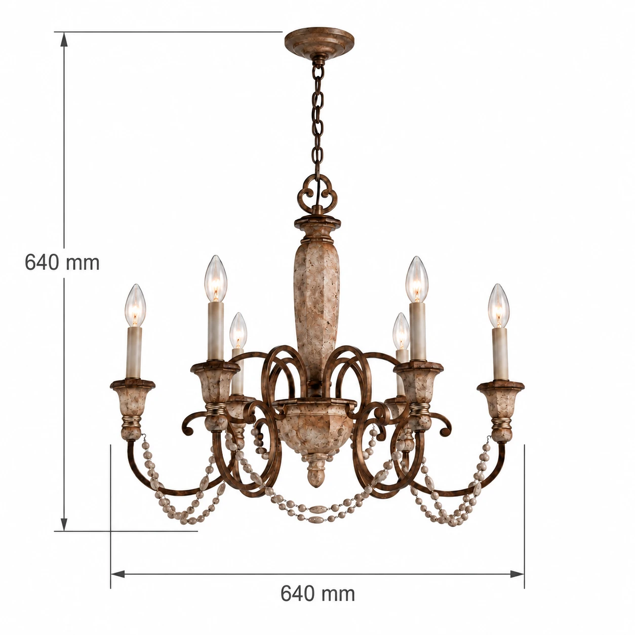 Dimensions du lustre Clara à six lumières : hauteur totale de 640 mm et diamètre de 640 mm