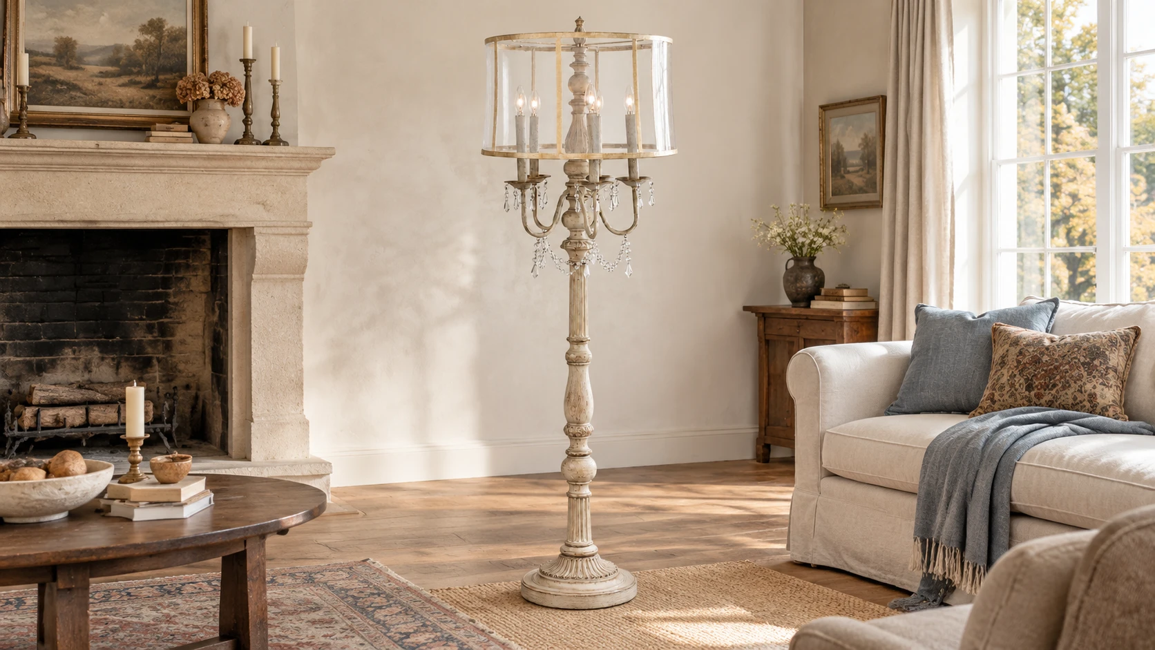 Lampadaire vintage Evelyn à cinq lumières en bois sculpté dans un salon de style American Rustic