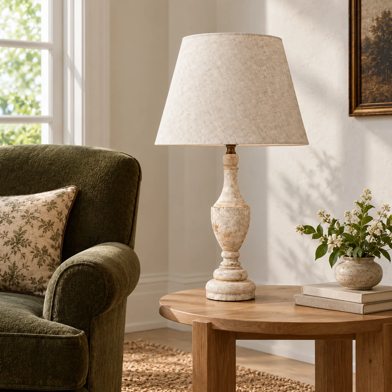 Lampe de table blanche antique à côté d'un fauteuil de lecture et d'une table d'appoint
