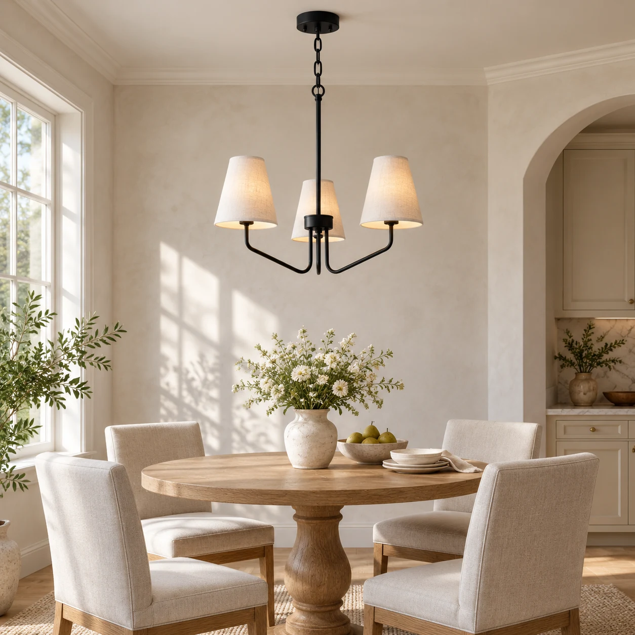 Lustre Lucia à trois lumières au-dessus d’une petite table de petit-déjeuner