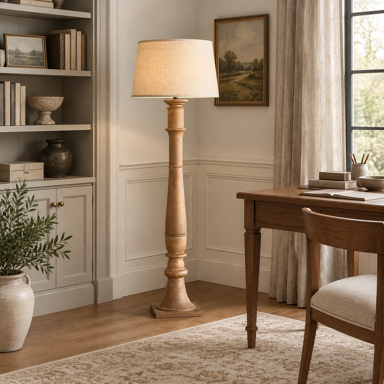 Vloerlamp van gesneden hout naast een schrijfbureau in een studeerkamer.