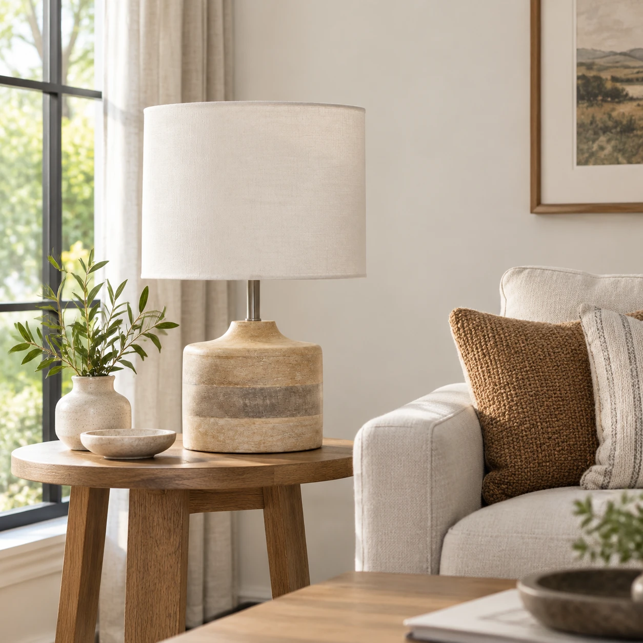 Lampe de table vintage Iris en bois sculpté dans un intérieur résidentiel