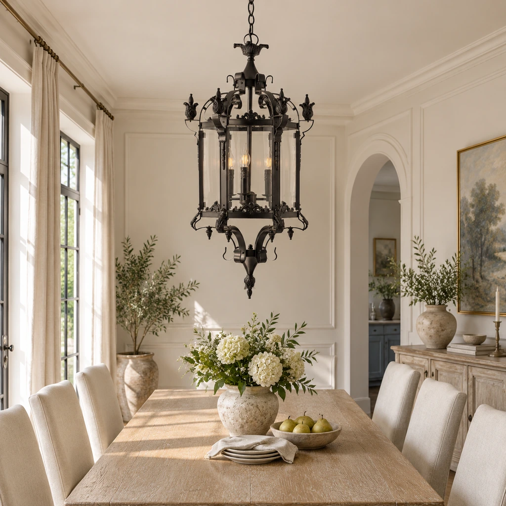 Lustre Celine en forme de grande lanterne en verre installé au-dessus d'une table à manger
