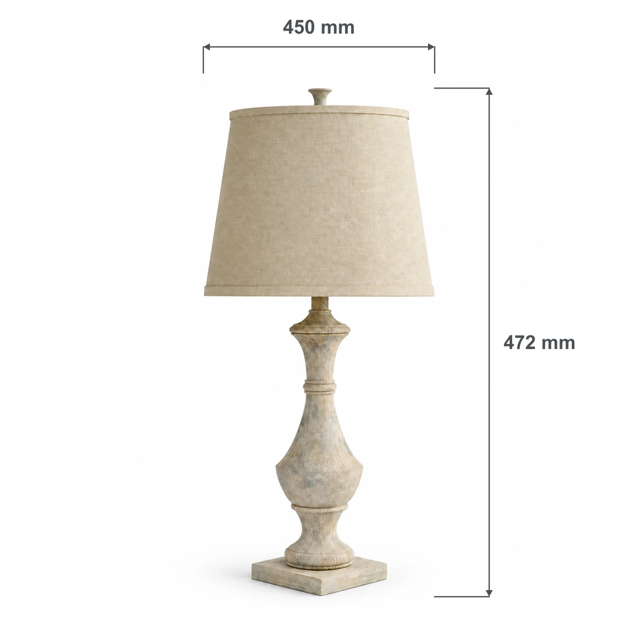 Dimensiones de la lámpara de mesa de madera tallada: 450 mm de diámetro de la pantalla y 472 mm de altura total.
