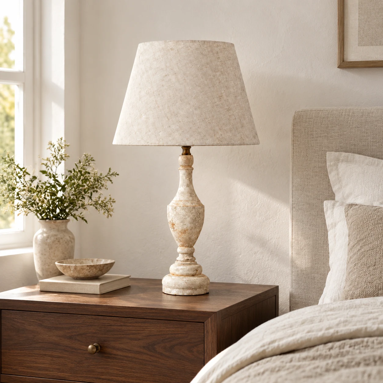 Lampe de table blanche antique sur une table de chevet en noyer dans une chambre lumineuse
