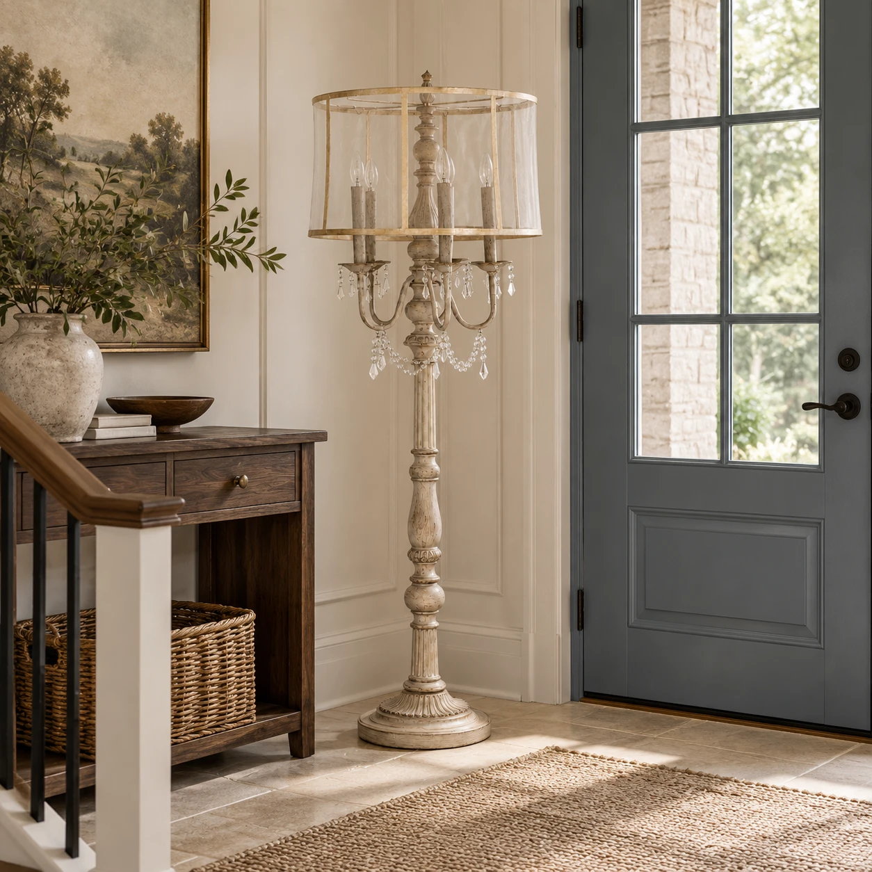 Lampadaire en bois sculpté à cinq lumières dans une entrée